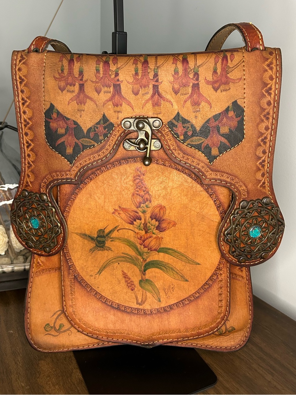 Juan Antonio Argentina Vintage Hummingbird Hand-Painted Tooled Leather Bag